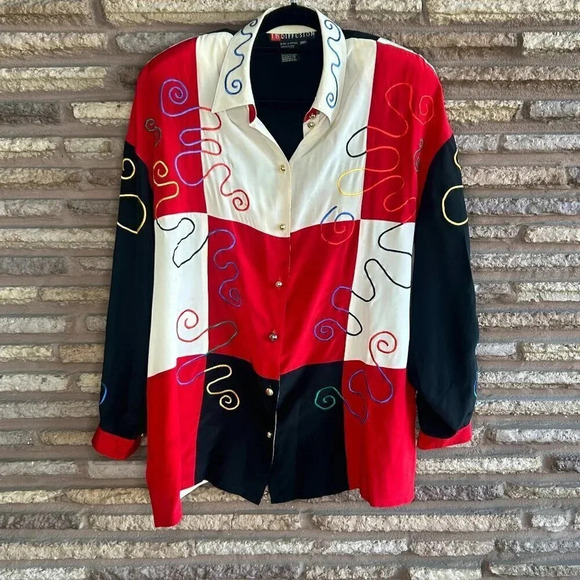 IB Diffusion Vintage 80s Colorblock 100% Silk BlouseSize 20W - Picture 1 of 9